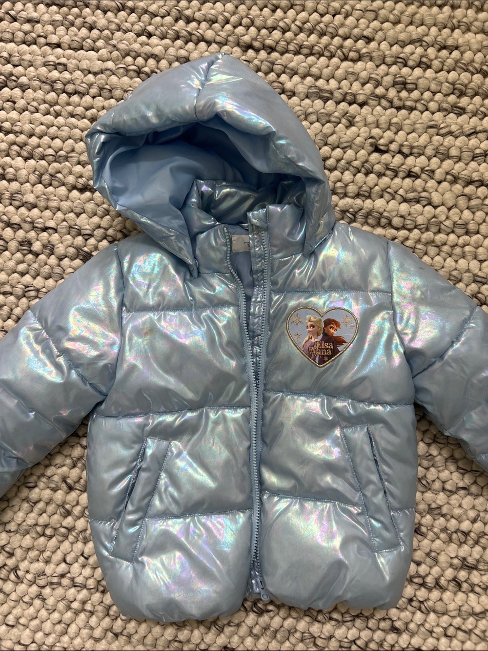 H&M Iridescent Light Blue Kids Winter Puffer Jacket with Elsa & Anna Patch